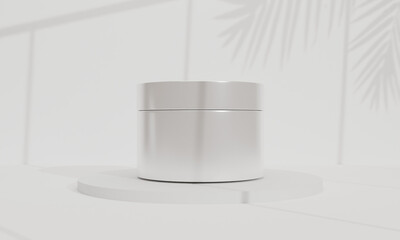 white minimal cosmetic cream jar mockup with leaf shadow on white background