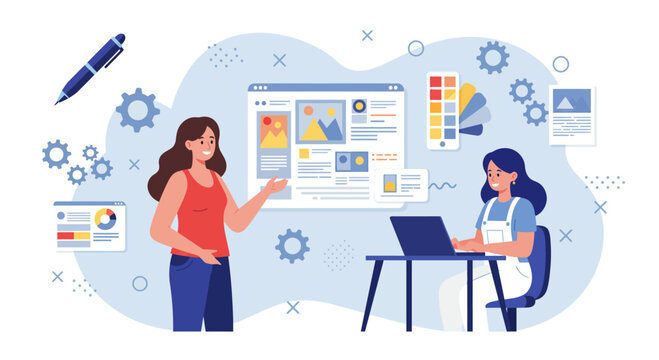 A female graphic designer giving a lesson to her private student, vector illustrations