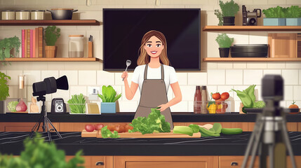 Cartoon Woman Recording Cooking Video in Kitchen