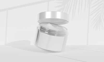 white minimal cosmetic cream jar mockup with leaf shadow on white background