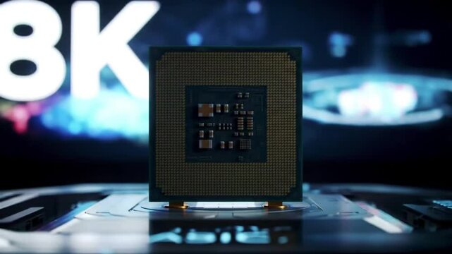 Close up view of a computer processor with intricate details and a grid like pattern on its surface