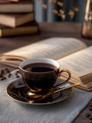 Elegant coffee cup on a saucer with a spoon, surrounded by open books and coffee beans on a table