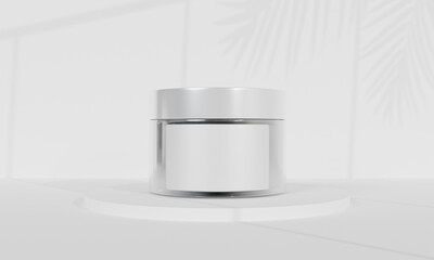 white minimal cosmetic cream jar mockup with leaf shadow on white background