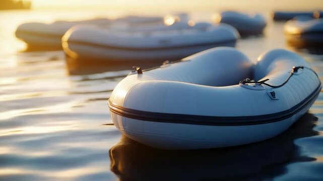 Row of inflatable boats floating on calm water, great for summer and outdoor scenes.