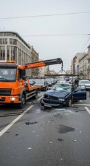 Obraz premium Car Accident Scene With Tow Truck On City Street