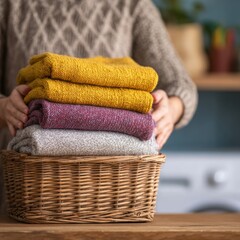 A person is holding a basket of clothes