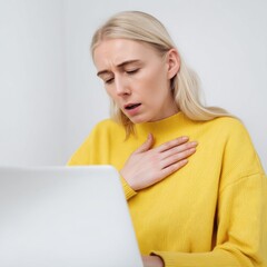 A woman in a yellow shirt is looking at a laptop