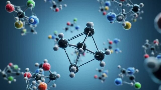 Molecules connected with lines against a blue background with different colored spheres shown