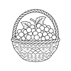 A black and white grapes inside the basket illustration line art of a coloring page