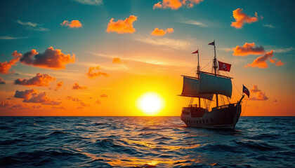 Obraz premium Sunset Sail Majestic Ship at Golden Hour, Ocean Voyage