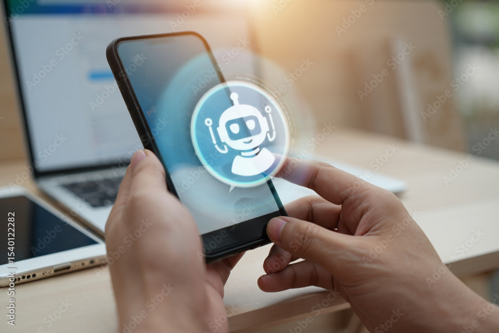 Poster person using smartphone with ai chatbot interface on screen