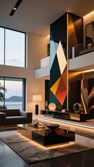 Modern living room with geometric art and sleek furniture