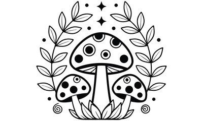Cute line art mushrooms with leaves isolated on white background