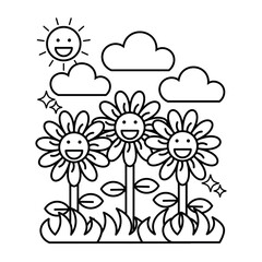 Happy day flowers sun clouds kawaii coloring page. fun and relaxing. Black and White Line Art. Simple Coloring Sheet for Kids and Adults