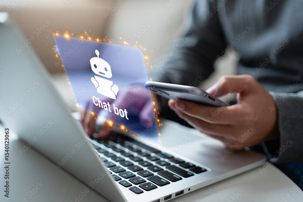 Poster person using laptop and smartphone with chatbot interface displayed