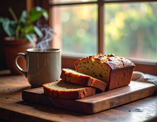 sliced banana bread on a wooden cutting board with steaming coffee in the background