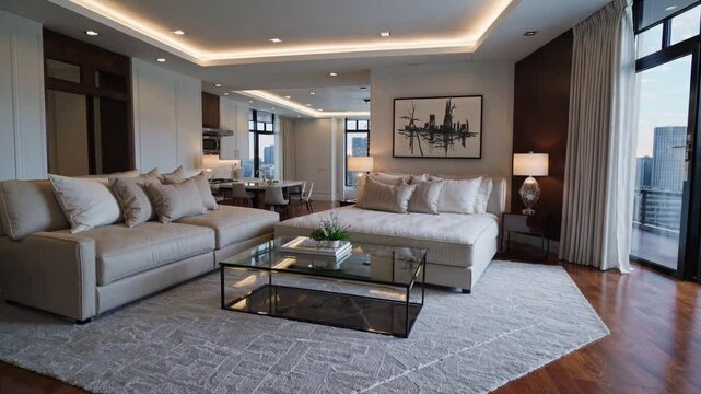 Luxury Suite Interior Design: A spacious and elegantly designed suite features a plush king-size bed, a comfortable sofa, and a stylish glass coffee table.