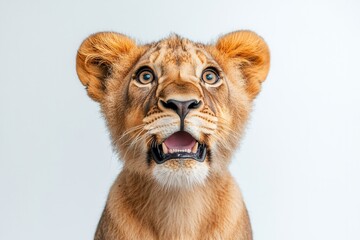 Fototapeta premium A Young Lion Cub with Large Ears and Expressive Eyes, Captured in Close-Up Against a Soft White Background, Conveying Curiosity and Playfulness
