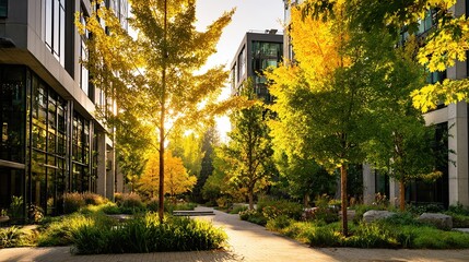 Autumnal trees in a modern building courtyard lit by sun