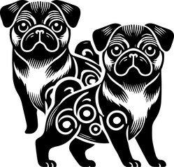 SVG file of pug dog black and white vector for printing, cutting