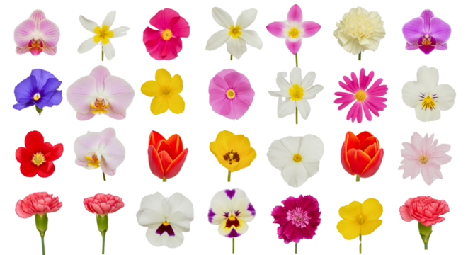 Single flowers collection, set isolated on transparent white background


