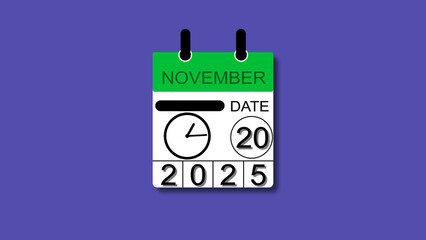 November 20 date 2025 illustration . calendar animation on a black background. and stunning 4k illustration .