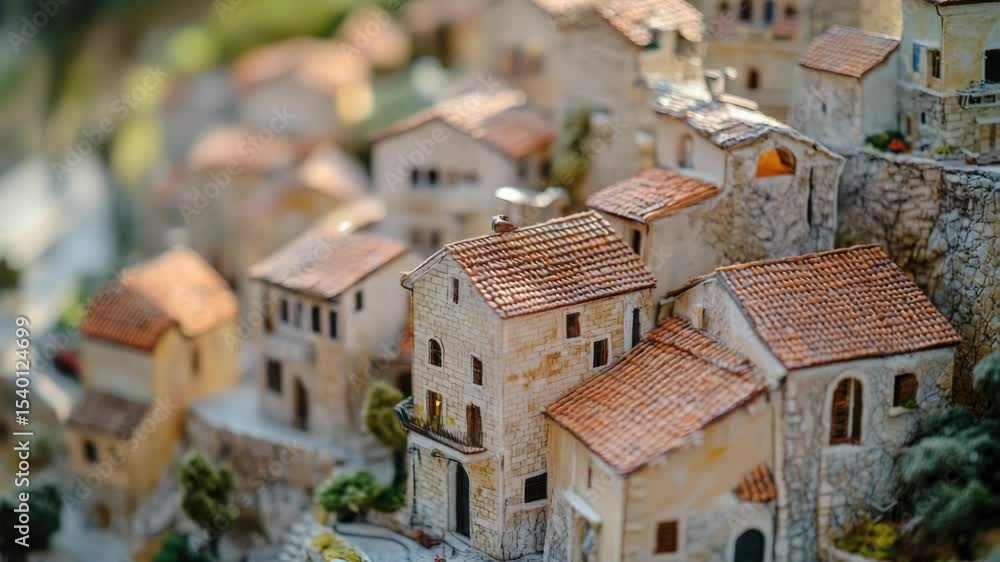 Poster miniature model of a small town with red roofs, great for editorial use such as illustrations or des