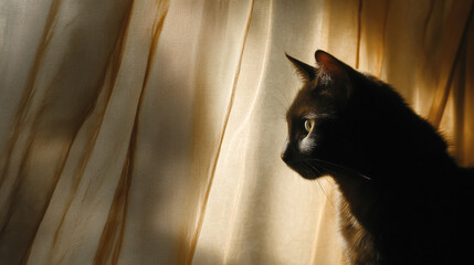 Silhouette of a cat gazing through a curtain illuminated by sunlight