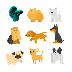 Fototapeta premium Vector art of a vibrant collection of dogs and a betta fish, isolated on transparent background