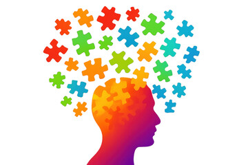 Gradient human silhouette revealing colorful puzzle pieces, symbolizing mental interconnectivity, cognitive problem-solving, and creative thinking processes