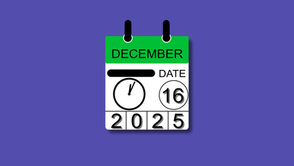 December 16 date 2025 illustration . calendar animation on a black background. and stunning 4k illustration .