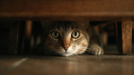 Curious cat staring from beneath a wooden table indoors