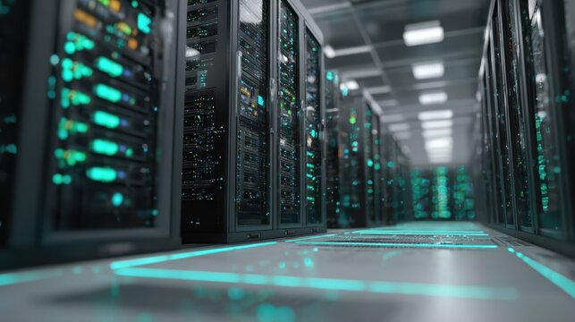 A low-angle view of server racks with blinking LED lights in a futuristic high-tech data center.