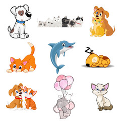 Vector art of adorable pets and a playful dolphin, isolated on white background