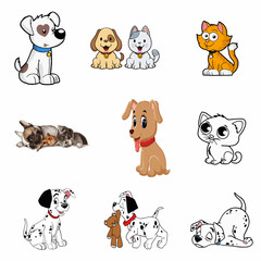 Vector art of adorable puppies and kittens, playfully interacting, isolated on white background
