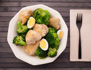 Chicken breast with broccoli and quail eggs on plate for healthy dinner