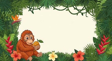 Naklejka premium A cartoon orangutan sits in a jungle frame, holding a yellow fruit, surrounded by tropical plants and flowers.
