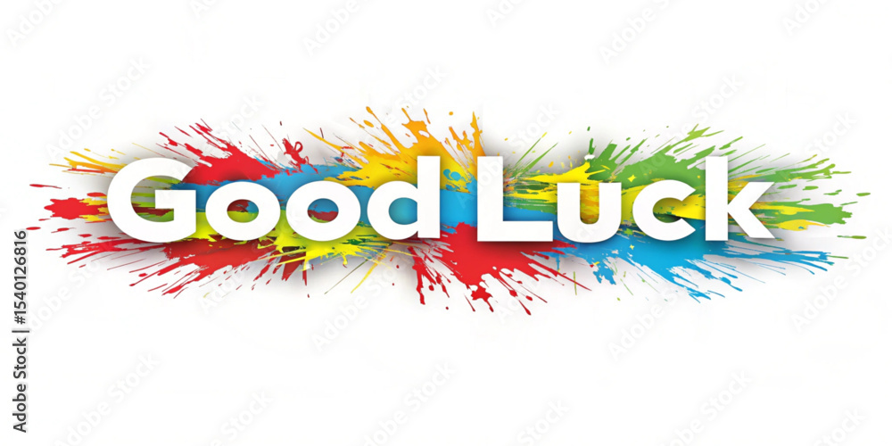 Poster good luck message in white letters over a vibrant splash of colorful paint on a white background art
