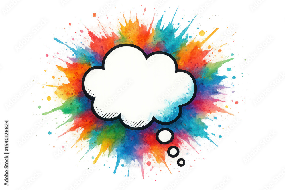Poster blank speech bubble floating above vibrant paint splatter, transparent backdrop creating artistic gr