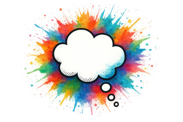 Blank speech bubble floating above vibrant paint splatter, transparent backdrop creating artistic graphic design element