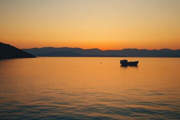 Calm seascape at sunrise. Silhouette of a small boat on a tranquil ocean