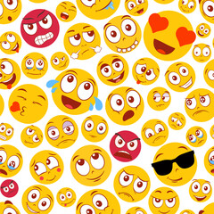 Colorful smiley face pattern with various expressions vector illustration. Playful and vibrant background showing a wide range of emotions, from love and joy to anger and sadness.
