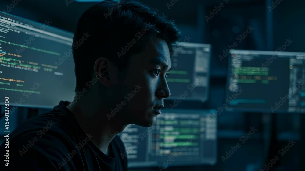 Poster an asian man developer viewing programming code on multiple computer screens. cybersecurity, softwar