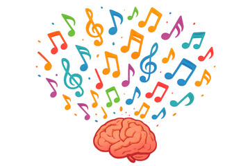Musical notes bursting from glowing brain silhouette, symbolizing creative thinking and melodic inspiration against translucent backdrop