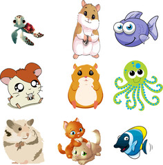 Vector art of a collection of adorable cartoon animals, including hamsters, kittens, a turtle, fish, and an octopus, isolated on white background