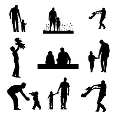 Vector art of silhouettes of fathers and children playing, isolated on transparent background