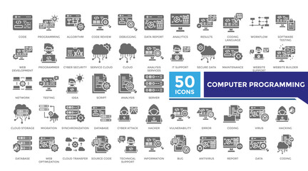 Computer programming solid icon set collection. This set includes algorithm, cyber security, server, database, coding, hacker and more icons in solid style. Vector icons collection for infographics