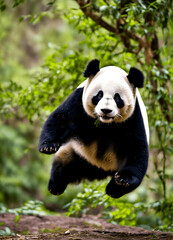 Obraz premium A cheerful panda mid-jump with a joyful expression, leaping toward a lush green forest in the background. The panda's paws are raised in excitement, and its soft black-and-white fur .