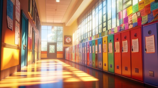 Colorful school hallway with lockers and sunlight streaming through windows.