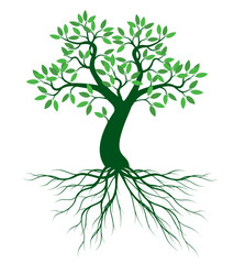 A tree drawn by hand. Green leaves on branches and curved trunk. Vector Illustration.